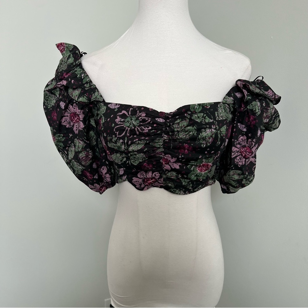 🌸 ZARA Floral Ruched Crop Top NWT | Puff Sleeve Cottagecore Fairycore S - Picture 4 of 6